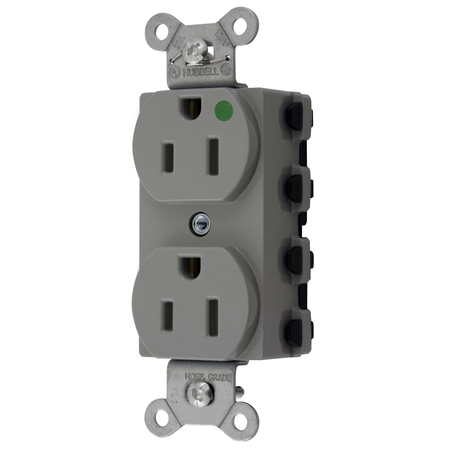 HUBBELL WIRING DEVICE-KELLEMS Straight Blade Devices, Receptacles, Duplex, SNAPConnect, Hospital Grade, 15A 125V, 2-Pole 3-Wire Grounding, 5-15R, Nylon, Gray, USA SNAP8200GYNA